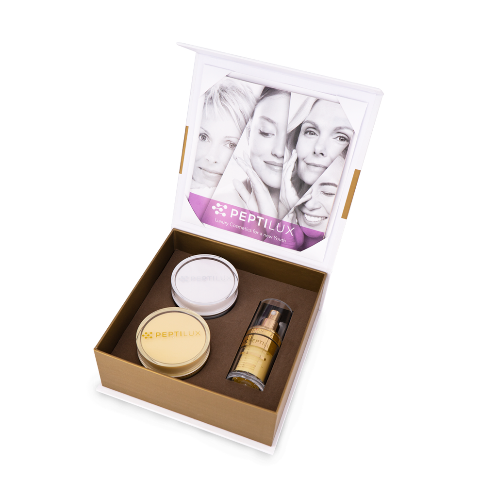 Peptilux Luxury Skin Care Cream Set - Coffret ouvert avec 3 produits