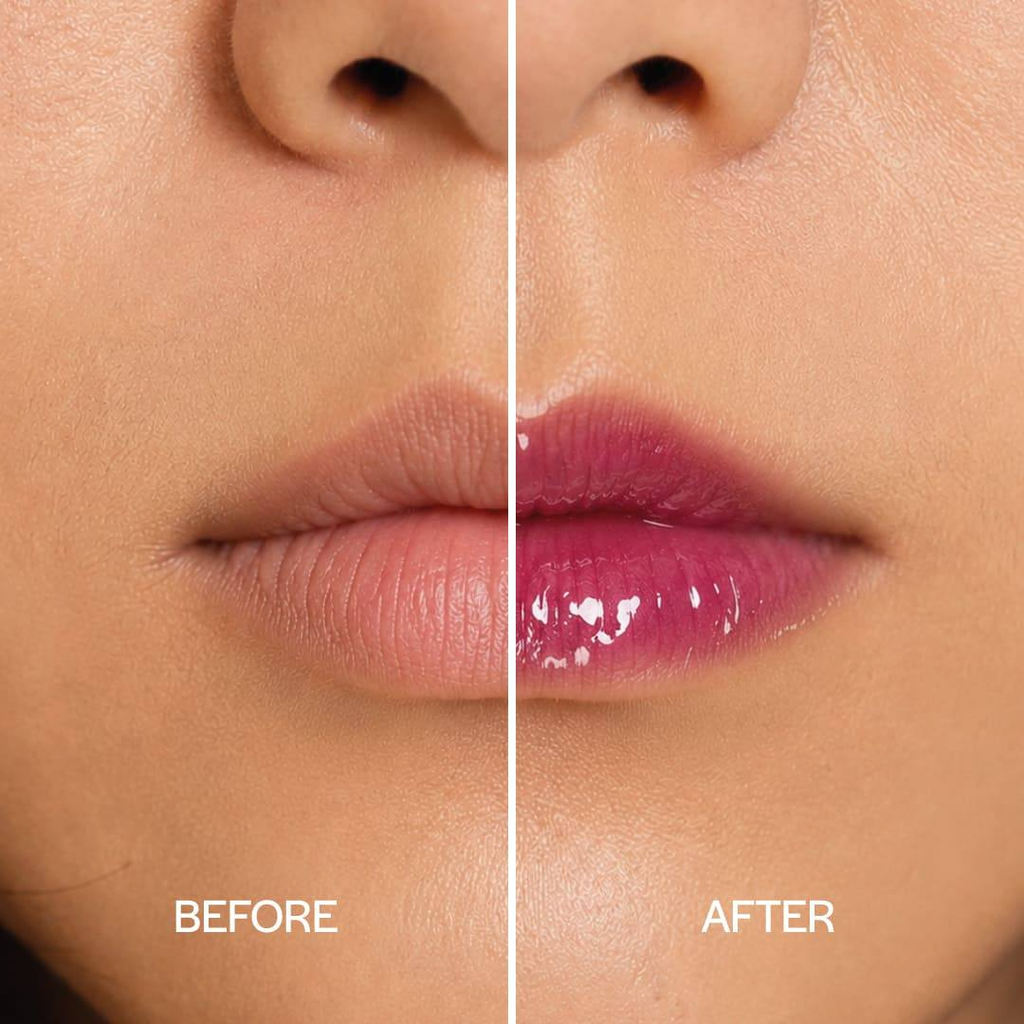 Résultat avant/après Juicy Oil Raisin – lèvres nues vs glossy MoniAmori